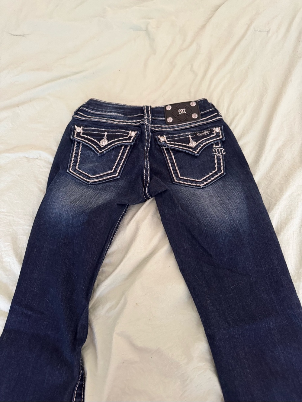 Miss Me Dark Blue Boot Cut Jeans with White Contrast Stitching